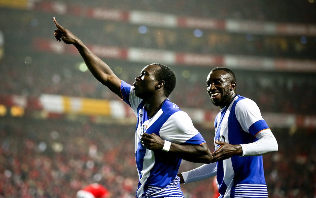 FC Porto`s Aboubakar (L) and Marega celebrates the scoring of a goal against Benfica during their Portuguese First League soccer match at Luz Stadium, in Lisbon, Portugal, 12th February 2016. MARIO CRUZ/LUSA
