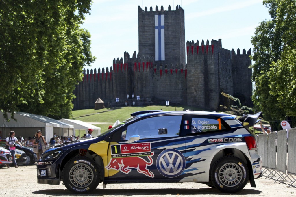 Volkswagen Polo R WRC of Sebastien Ogier of France parked in front of Guimaraes castle during the first day of the WRC Rally of Portugal in Guimaraes, Portugal, 21 May 2015. The competition runs from 21st to 24th of May. JOSE COELHO/LUSA